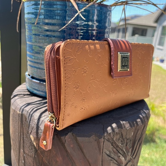 Spring Blossom Embossed SLG  Wallet, Cognac Brown - Picture 3 of 12